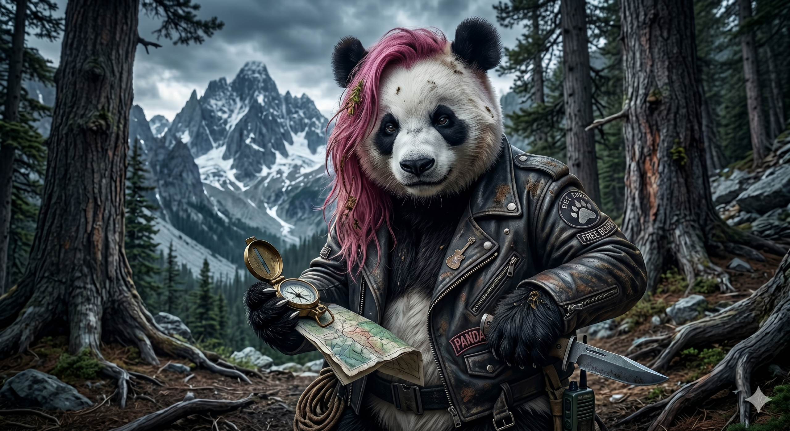 Panda wearing a leather jacket with long pink hair and a cheeky smile